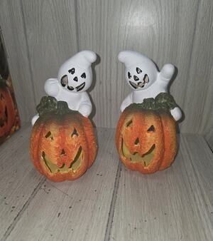 Alco Set of 2 Hand Painted Ceramic GHOST JACK O LANTERN Candle Holders NIB